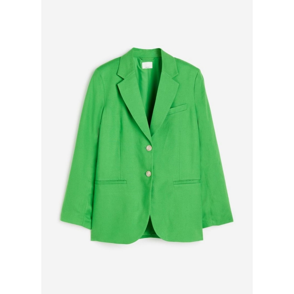 H&M single breasted green jacket linen blend oversized blazer